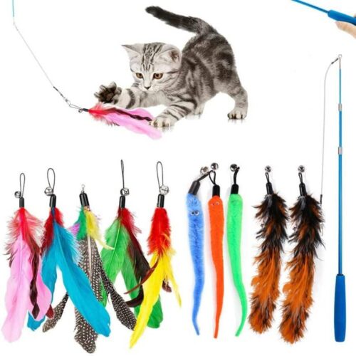 11 pcs Cat Feather Toy Feather Teaser Stick Wand Pet Retractable Feather Bell